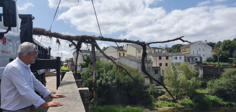 A área de Transición Ecolóxica retira os restos vexetais ancorados nas pilastras da Ponte Vella como paso previo á súa restauración